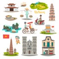 Vietnam landmark vector icons set. Illustrated travel collection about Vietnam