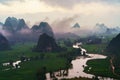 Vietnam landscape with rice field, river, mountain and low clouds in early morning in Trung Khanh, Cao Bang, Vietnam Royalty Free Stock Photo