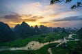 Vietnam landscape with rice field, river, mountain and low clouds in early morning in Trung Khanh, Cao Bang, Vietnam