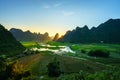 Vietnam landscape with rice field, river, mountain and low clouds in early morning in Trung Khanh, Cao Bang, Vietnam Royalty Free Stock Photo