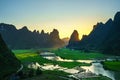 Vietnam landscape with rice field, river, mountain and low clouds in early morning in Trung Khanh, Cao Bang, Vietnam Royalty Free Stock Photo