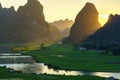 Vietnam landscape with rice field, river, mountain and low clouds in early morning in Trung Khanh, Cao Bang, Vietnam Royalty Free Stock Photo