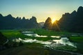 Vietnam landscape with rice field, river, mountain and low clouds in early morning in Trung Khanh, Cao Bang, Vietnam Royalty Free Stock Photo