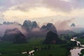 Vietnam landscape with rice field, river, mountain and low clouds in early morning in Trung Khanh, Cao Bang, Vietnam Royalty Free Stock Photo