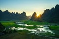 Vietnam landscape with rice field, river, mountain and low clouds in early morning in Trung Khanh, Cao Bang, Vietnam