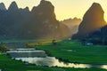 Vietnam landscape with rice field, river, mountain and low clouds in early morning in Trung Khanh, Cao Bang, Vietnam