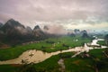 Vietnam landscape with rice field, river, mountain and low clouds in early morning in Trung Khanh, Cao Bang, Vietnam