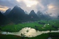 Vietnam landscape with rice field, river, mountain and low clouds in early morning in Trung Khanh, Cao Bang, Vietnam Royalty Free Stock Photo