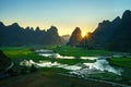 Vietnam landscape with rice field, river, mountain and low clouds in early morning in Trung Khanh, Cao Bang, Vietnam