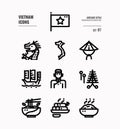 Vietnam line icon set 1. Include flag, landmark, people, food and more.