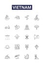 Vietnam line vector icons and signs. Saigon, Hanoi, Mekong, Ho Chi Minh, Ha Long, Cao Dai, Communism, Cu Chi outline