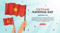 Vietnam national day background with people celebrating holding waving flag