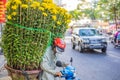 Vietnam, Nha Trang, January 23, 2020: Vietnamese men prepare to transport flowers for the Lunar New Year, Tet