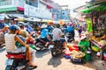 Vietnam, Phu Quoc Island, 26 February 2018: Unidentified women with typical vietnamese conical hats sell fresh food on a