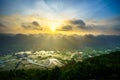 Vietnam sunrise landscape with rice field and mountain in Bac Son valley in Vietnam Royalty Free Stock Photo