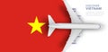 Vietnam travel banner concept. Plane flying over the flag of Vietnam. Royalty Free Stock Photo