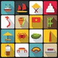 Vietnam travel icons set, flat style Royalty Free Stock Photo