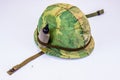 Vietnam Vet Camouflage Helmet With Small Water Bottle