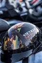 Vietnam war veteran motorcycle helmet on motorcycle Royalty Free Stock Photo