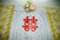 Vietnam wedding day: The curtain decorated the wedding day with the word Song Hy