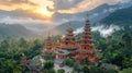 Vietnamese ancient temple in deep jungles and beautiful landscape with mountains and forest in early morning fog.