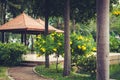 Vietnamese Asian park with typical vegetation and pergolas.