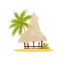 Vietnamese beach bungalow, palm tree and green leaves. Small wooden hut. Flat vector design