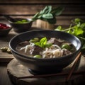 Vietnamese beef noodle soup with basil leaves on wooden background