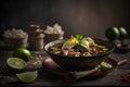 Vietnamese beef noodle soup with chili and lime on wooden background