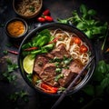 Vietnamese beef noodle soup with herbs and spices on dark background