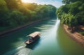 A Vietnamese boat flows along the river among the jungle,