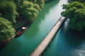 A Vietnamese boat flows along the river among the jungle,