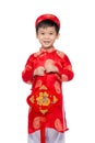Vietnamese boy cuddling stuffed carp. Portrait of a handsome Asian baby boy on traditional festival costume. Cute little Royalty Free Stock Photo