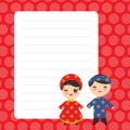 Vietnamese boy and girl in national costume and hat. Cartoon children Card design with Kawaii with red pastel colors polka dot