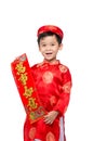 Vietnamese Boy Kid congratulating with his New Year. Happy Lunar