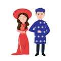 Vietnamese bride and groom clipart. Vietnamese wedding couple wearing traditional clothes flat vector illustration. Wedding dress
