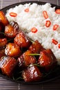 Vietnamese caramel pork with garnish of rice close-up on a plate