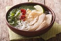 Vietnamese cuisine: soup Pho Ga with chicken, rice noodles and f