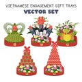 Vietnamese engagement gift trays clipart. Vietnam Groom gifts presented to the bride\'s family flat vector illustration