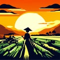 Vietnamese farmer on rice field at sunset, vector illustration. generative AI