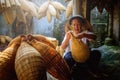 Vietnamese fishermen are doing basketry for fishing equipment at Royalty Free Stock Photo