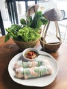 Vietnamese food, fresh spring roll with shrimp and dipping sauce Royalty Free Stock Photo