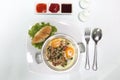 Vietnamese Food in Restaurant white on the Table with side dish, style fried egg in pan with white pork sausage, Chinese Royalty Free Stock Photo