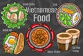 Vietnamese food. A set of classic dishes. Cartoon hand drawn illustration