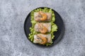 Vietnamese food spring rolls with shrimps in rice paper on grey. View from above. Asian cuisine Royalty Free Stock Photo