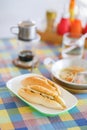 Vietnamese food. Vietnamese style breakfast set served with toast, pan eggs and dripping coffee Royalty Free Stock Photo