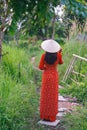 Vietnamese girls wears traditional long dress and hand holding conical hat in the countryside