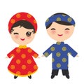 Vietnamese Kawaii boy and girl in national costume and hat. Cartoon children in traditional Vietnam dress isolated on white backgr