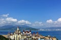 Vietnamese landscape. In the foreground is a castle for children`s games, a cable car through the bay. Royalty Free Stock Photo