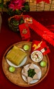 Vietnamese Lunar New Year dishes include pork belly and pickles rice Banh Tet (rice cake) fried vegetables.